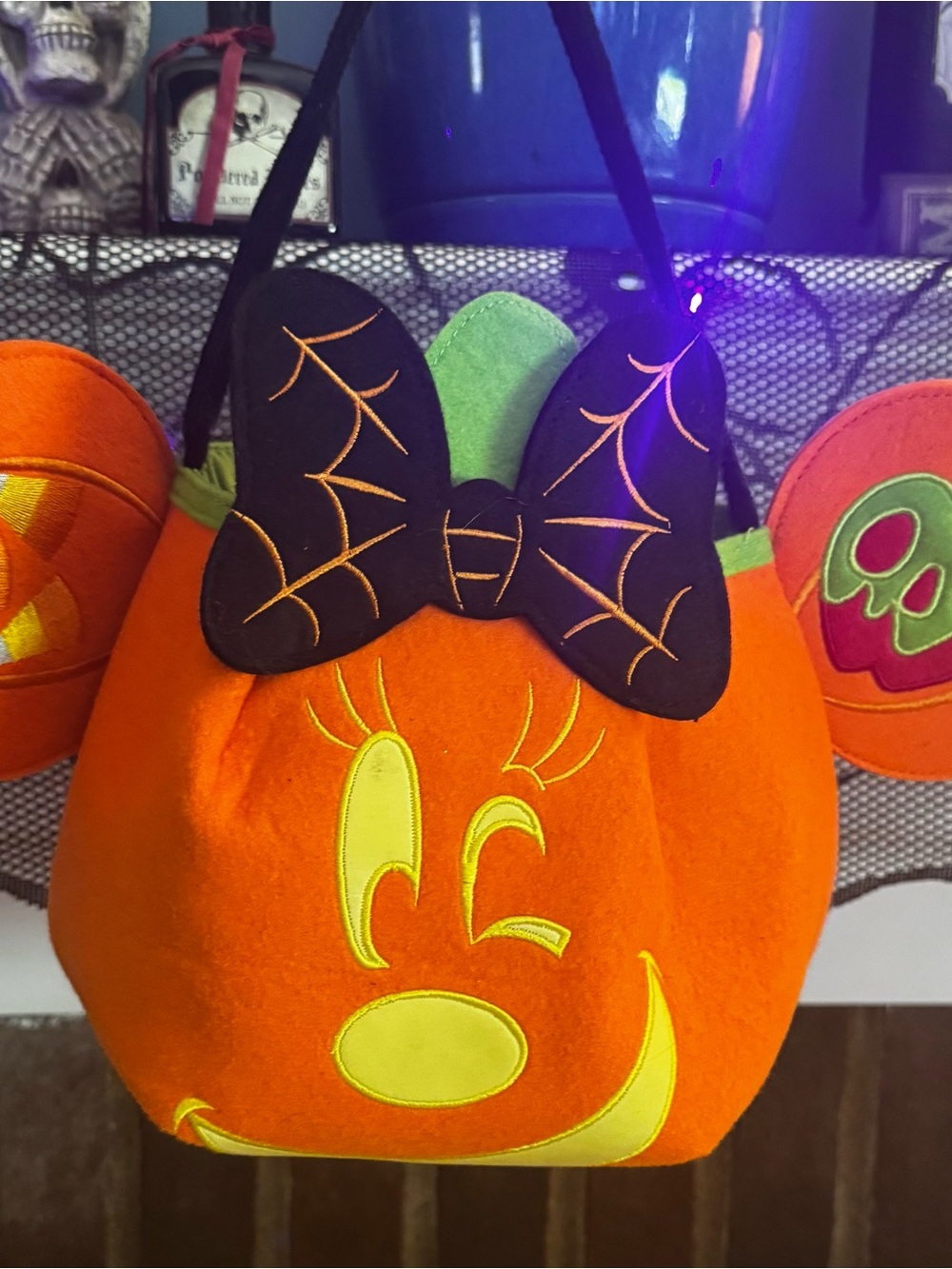 Disney Orange Pumpkin Minnie Bow Trick-or-Treat Bag with Black Spiderweb Bow